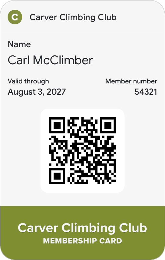 The current Carver member card in Google Wallet, with a green Carver Climbing Club banner across the bottom, showing the name, valid-through date, member number, and a QR code.