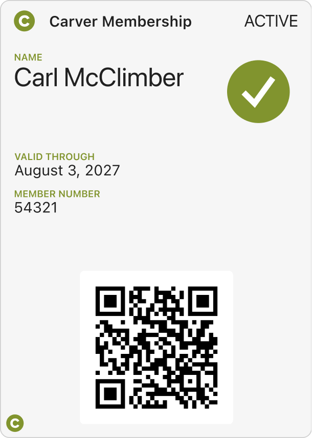 The current Carver member card in Apple Wallet, marked ACTIVE with a green checkmark, showing the name, valid-through date, member number, and a QR code.