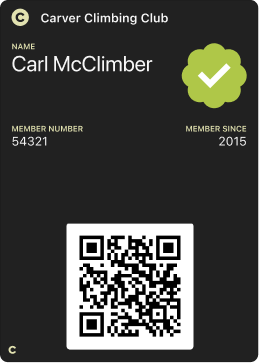 No longer valid: a deprecated Carver digital card with a dark grey background, showing a name, member number, and join year but no expiration date.