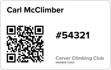 No longer valid: the old printable and PDF member card — a horizontal card on a white background with a name, member number, and QR code.